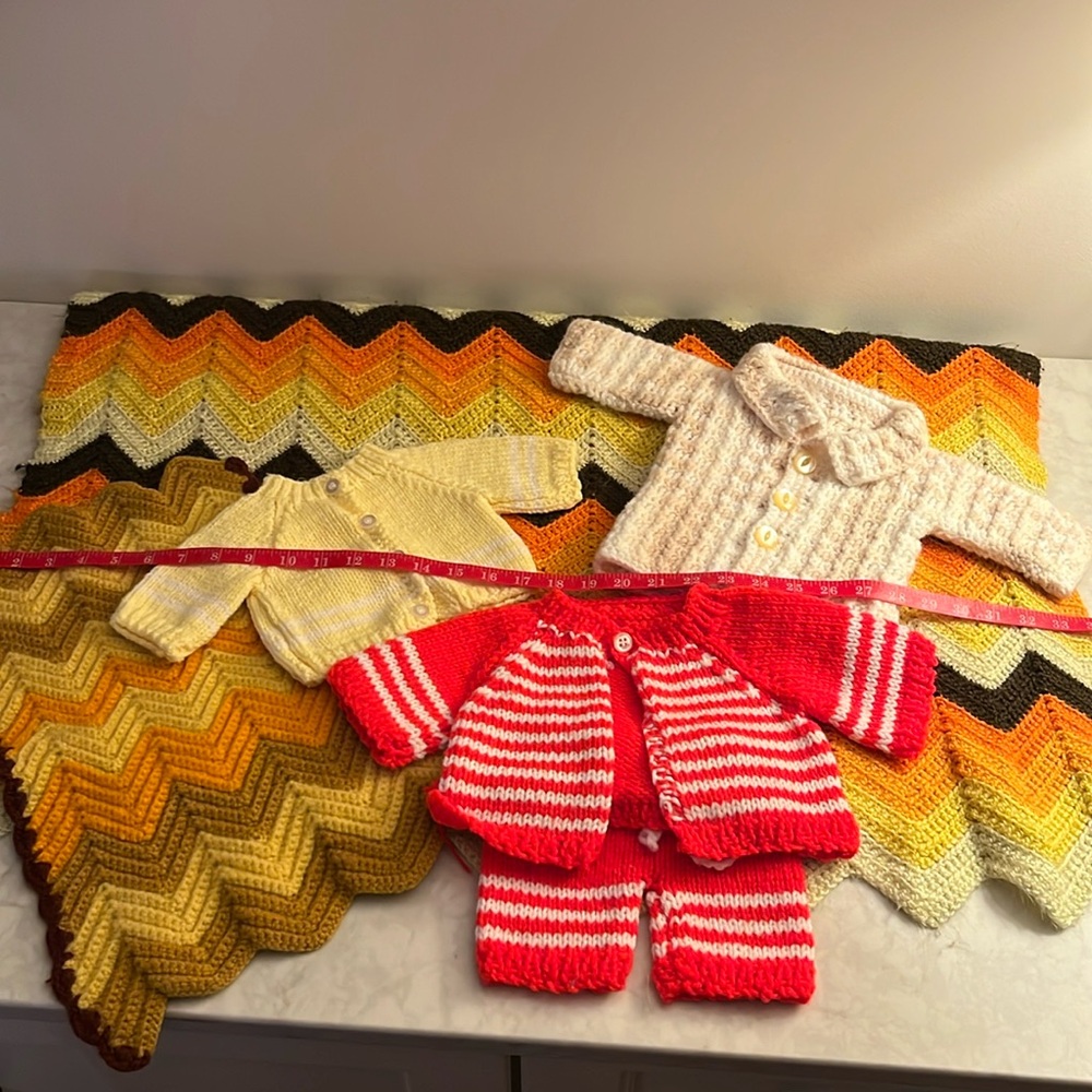 Lot of Crochet Knitted Vintage Baby Doll Girl Clothes  Sweaters  blankets